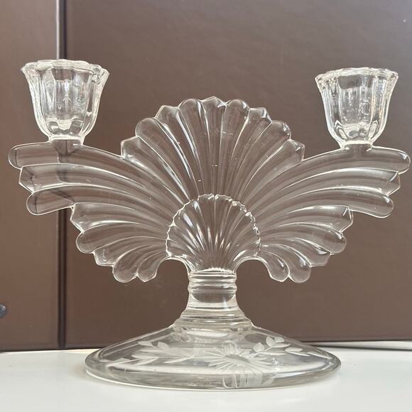 Vtg Imperial Pressed glass MCM Hollywood dual Fan two candle holder floral etch - Picture 7 of 14